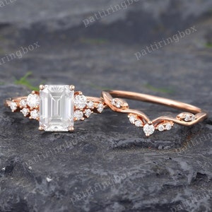 Emerald cut Moissanite engagement ring set Rose gold engagement ring Vintage Bridal set Diamond wedding Cluster Anniversary Promise ring