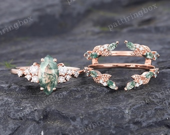 Marquise cut Moss agate engagement ring set Vintage Rose gold Cluster Diamond ring Botanical Alexandrite Double band Bridal Anniversary ring