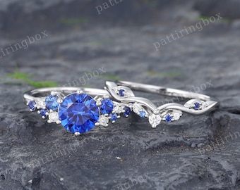 Vintage Sapphire engagement ring set White gold engagement ring Unique Moissanite Diamond ring Bridal set Anniversary ring Promise ring