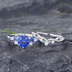 Vintage Sapphire engagement ring set White gold engagement ring Unique Moissanite Diamond ring Bridal set Anniversary ring Promise ring
