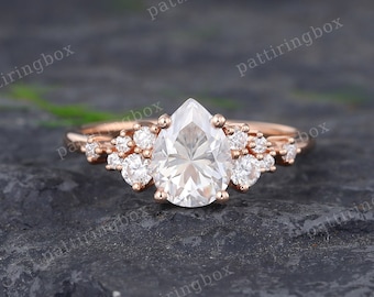 Pear shaped Rose gold Moissanite engagement ring Vintage engagement ring Diamond Prong set Bridal Cluster ring Anniversary Promise ring gift