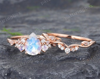 Vintage Moonstone engagement ring set Rose gold ring Unique Moissanite Diamond Cluster Curved band Bridal ring Anniversary ring Promise ring