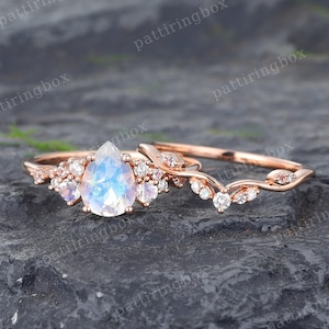 Vintage Moonstone engagement ring set Rose gold ring Unique Moissanite Diamond Cluster Curved band Bridal ring Anniversary ring Promise ring