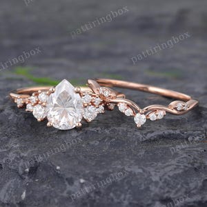 Pear shaped Moissanite engagement ring set Rose gold engagement ring Vintage Bridal set Diamond wedding Curved Anniversary Promise ring gift