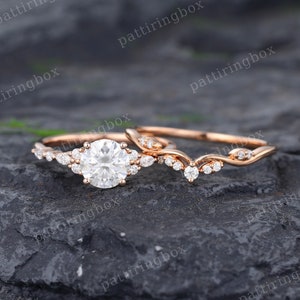 Moissanite engagement ring set rose gold engagement ring Vintage Unique Bridal set Diamond wedding Curved Anniversary Promise ring gift