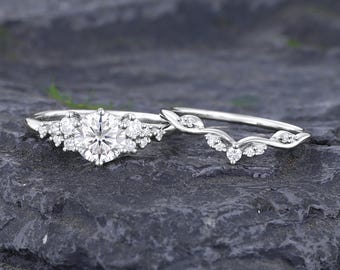 Moissanite engagement ring set Unique White gold Cluster Bridal ring set Vintage wedding Curved Dainty Anniversary Promise ring