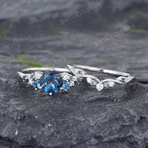 Vintage London Blue Topaz engagement ring set White gold engagement ring Unique Moissanite Diamond Curved wedding band Anniversary gift