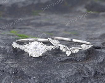 Vintage Moissanite engagement ring set White gold engagement ring Unique Bridal set Curved Diamond ring Anniversary Promise ring gift
