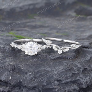 Vintage Moissanite engagement ring set White gold engagement ring Unique Bridal set Curved Diamond ring Anniversary Promise ring gift