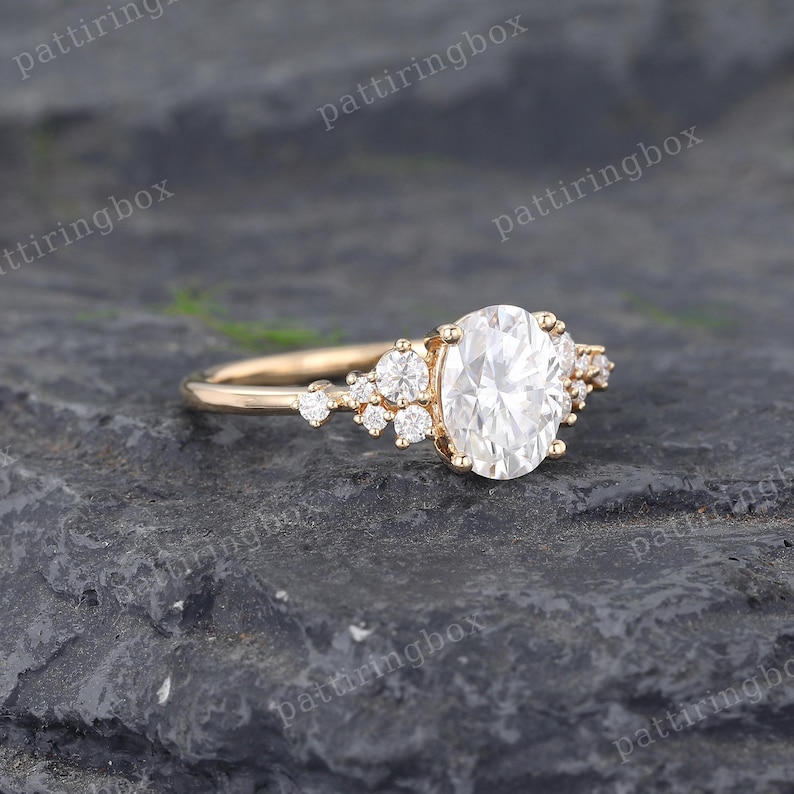 Oval Cut Moissanite Engagement Ring Yellow Gold Marriage Ring Cluster ...