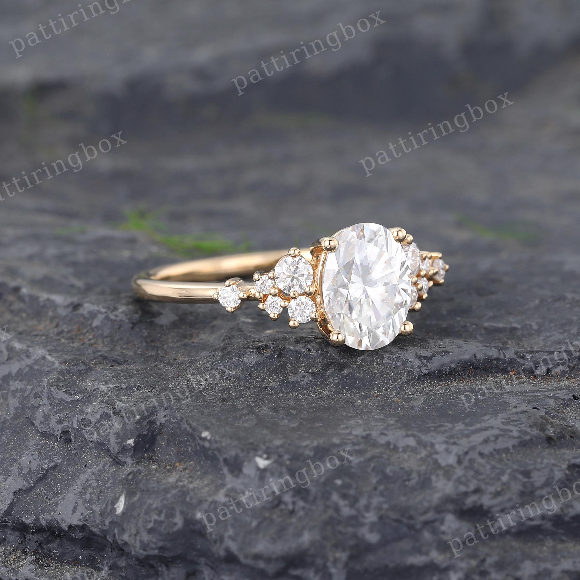 Oval Cut Moissanite Engagement Ring Yellow Gold Marriage Ring Cluster ...