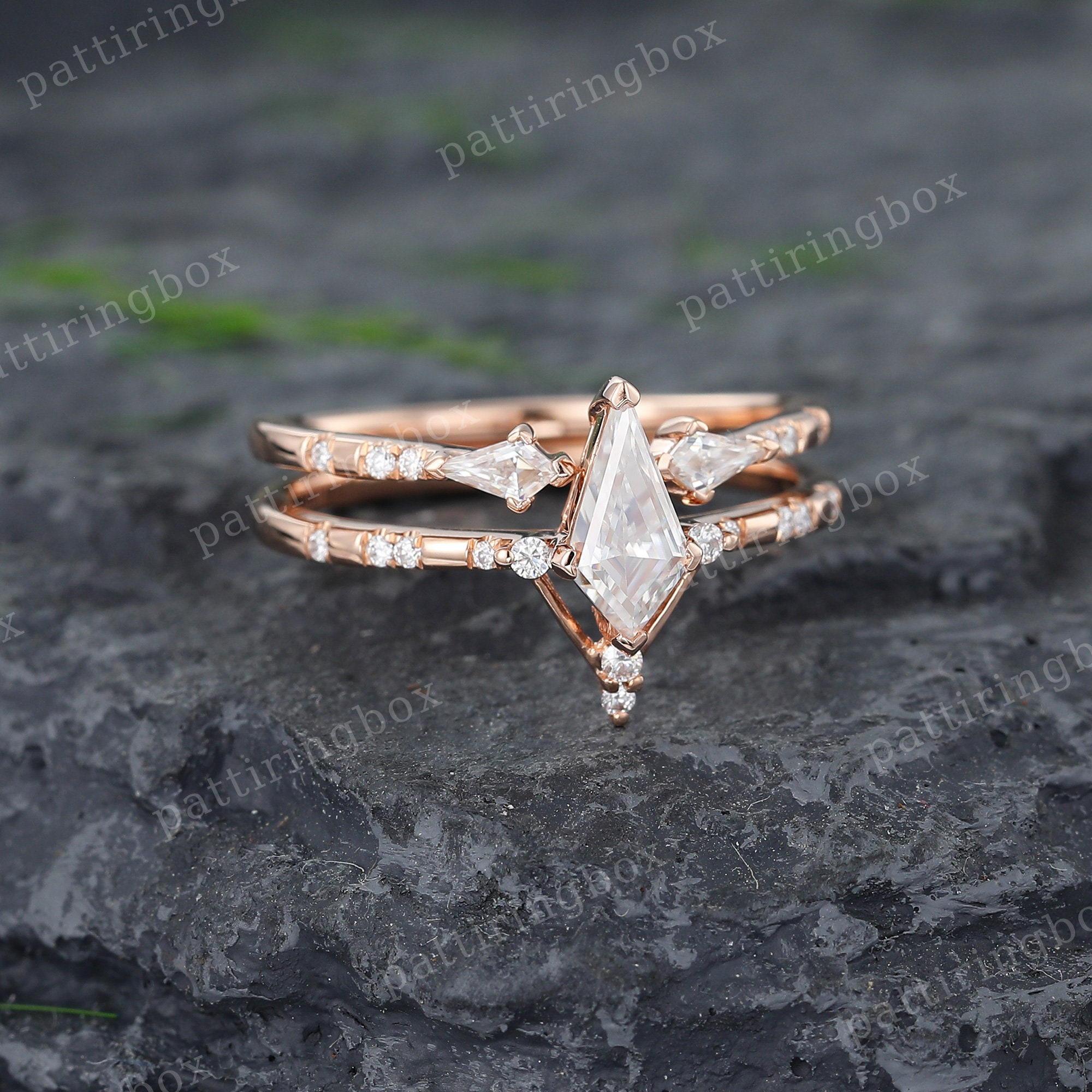 Kite Cut Moissanite Engagement Ring Set Unique Rose Gold - Etsy