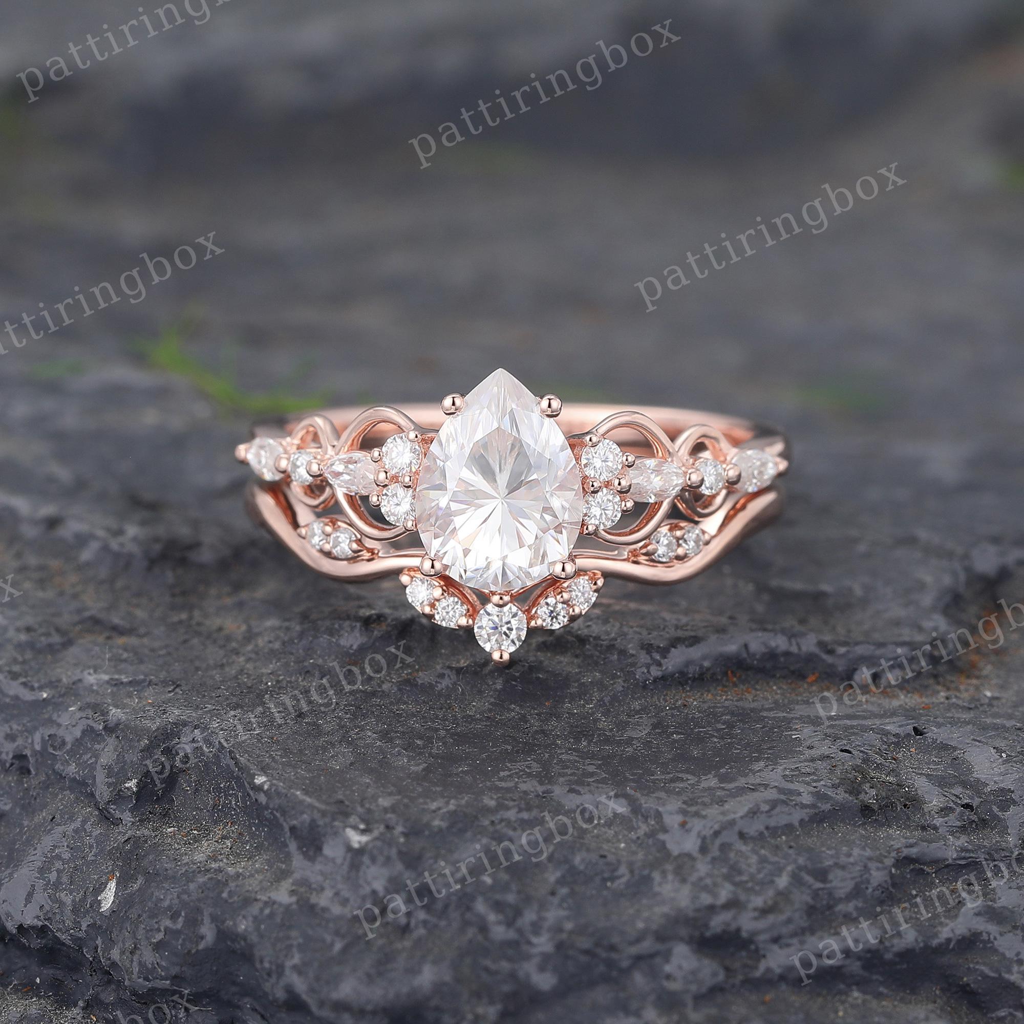 Pear shaped Moissanite engagement ring set Vintage Rose gold Infinity Diamond ring Bridal Twist Marquise ring set Anniversary Promise ring