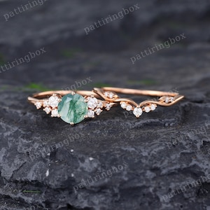 Moissanite engagement ring set rose gold engagement ring Vintage Unique Bridal set Diamond wedding Curved Anniversary Promise ring gift Moss Agate