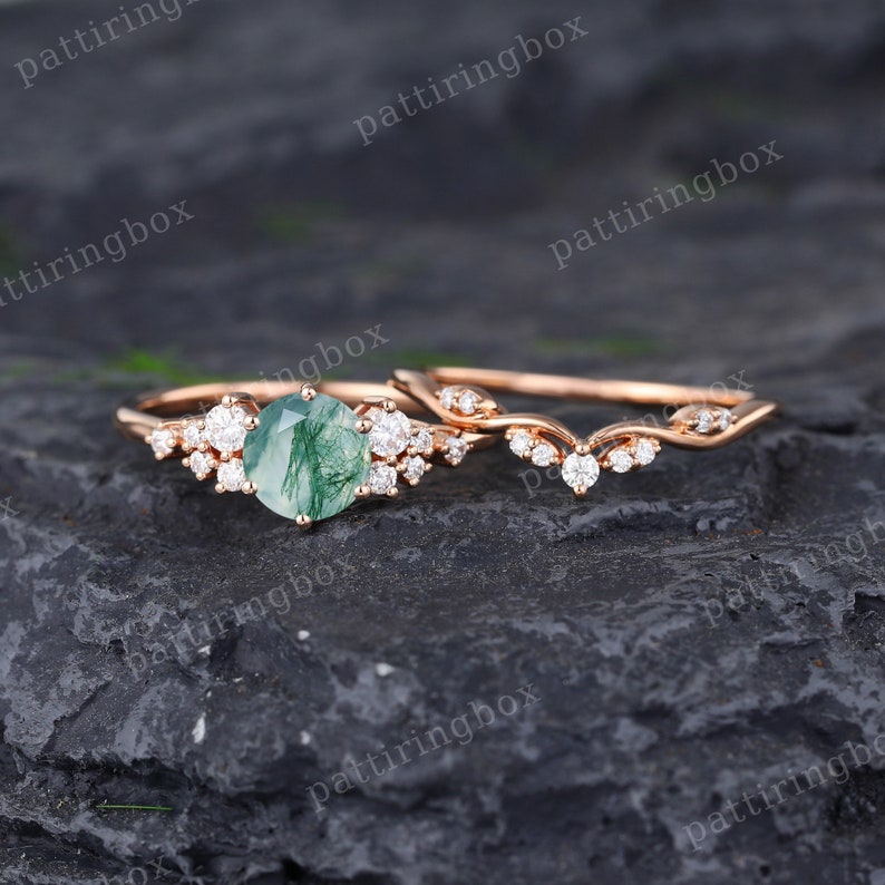 Moissanite engagement ring set rose gold engagement ring Vintage Unique Bridal set Diamond wedding Curved Anniversary Promise ring gift Moss Agate