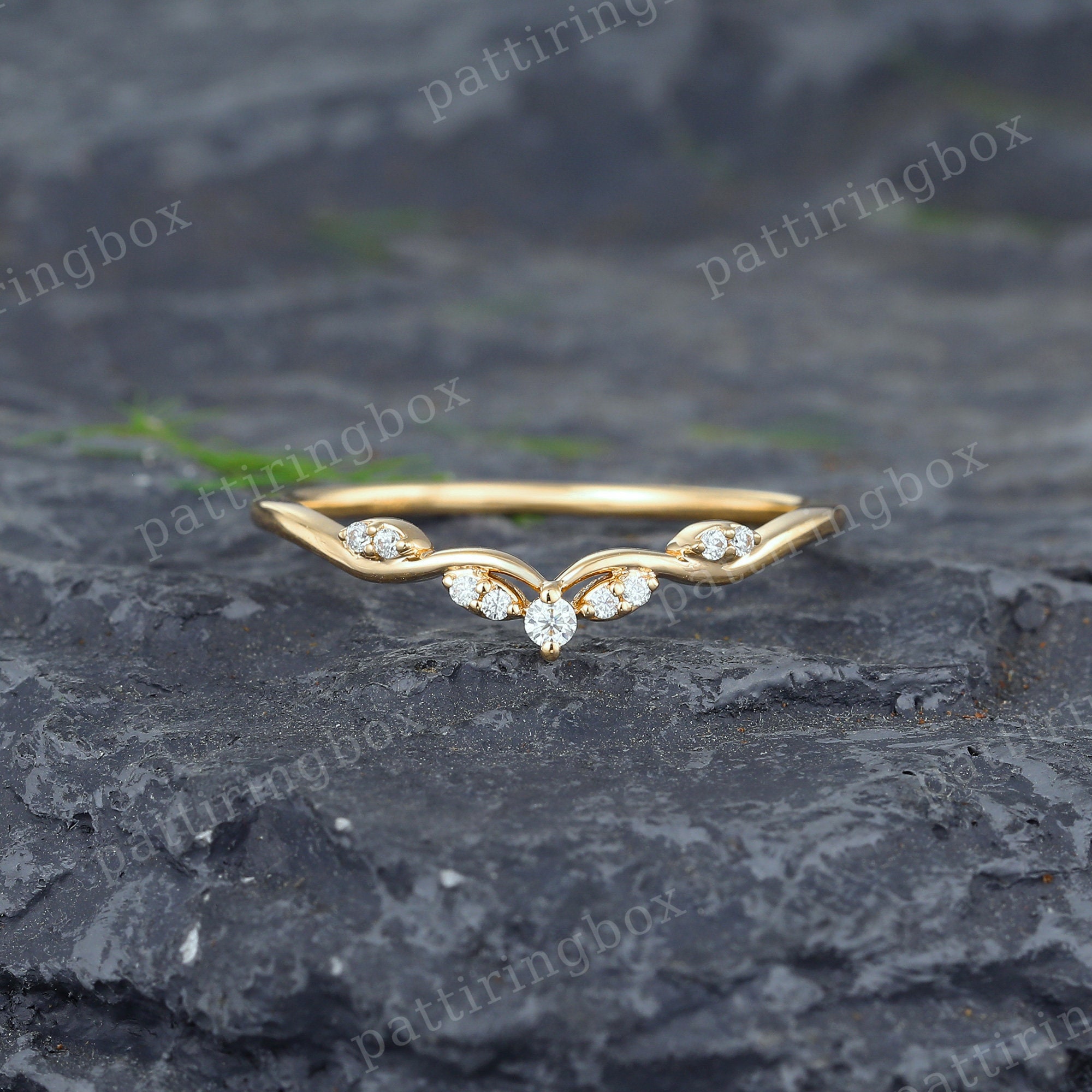 Yellow Gold Moissanite Wedding Band Unique Diamond Curved Wedding Band ...