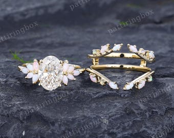 1.5CT Oval cut Lab Grown Diamond engagement ring set Vintage Yellow gold Marquise cut Opal Cluster ring Bridal Promise Anniversary ring
