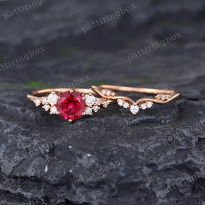 Moissanite engagement ring set rose gold engagement ring Vintage Unique Bridal set Diamond wedding Curved Anniversary Promise ring gift Ruby