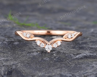 Anillo de bodas de moissanita en oro rosa, anillo de bodas curvo con diamantes, estilo art déco, apilable a juego, anillo de promesa vintage, regalo para mujer.