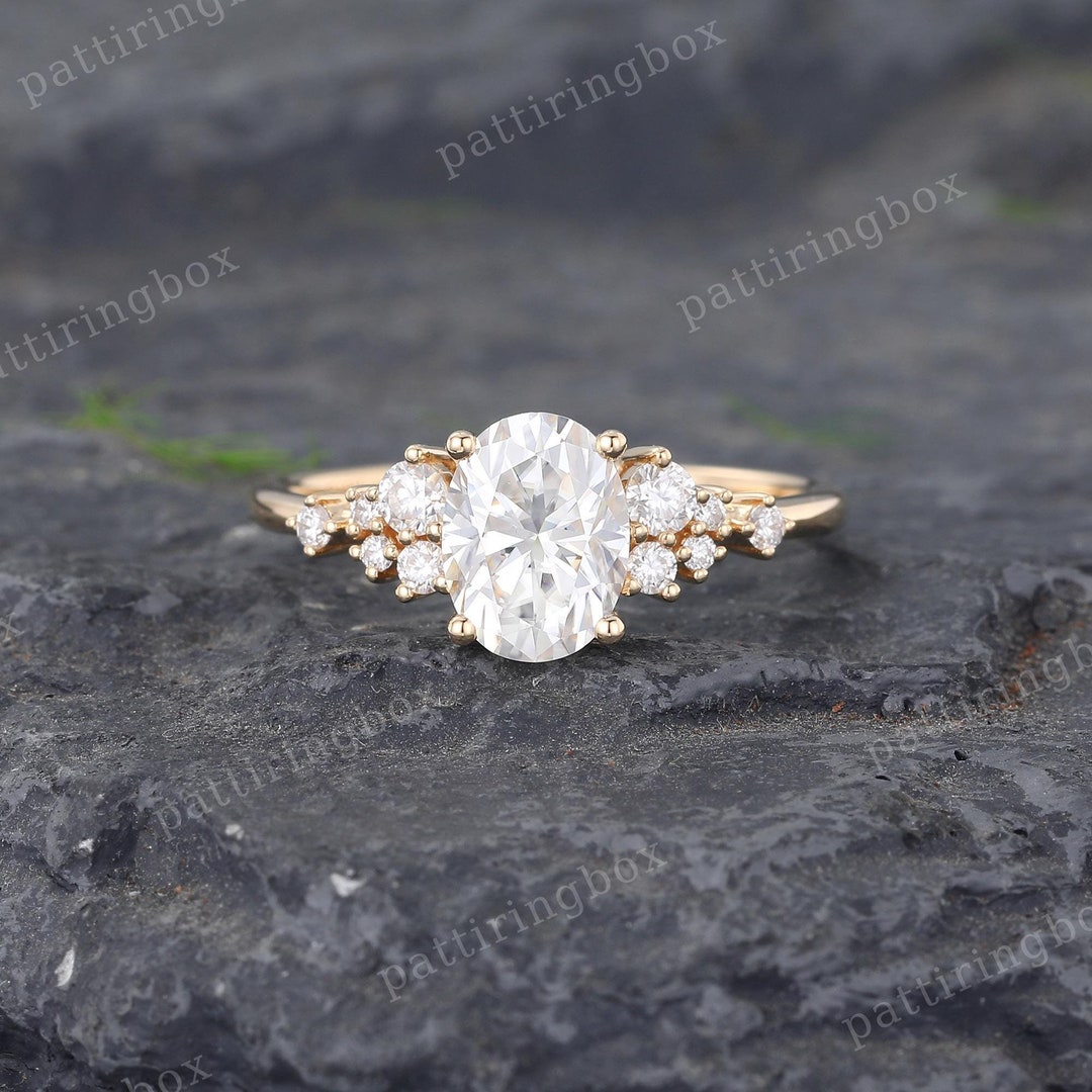 Oval Cut Moissanite Engagement Ring Yellow Gold Marriage Ring Cluster ...