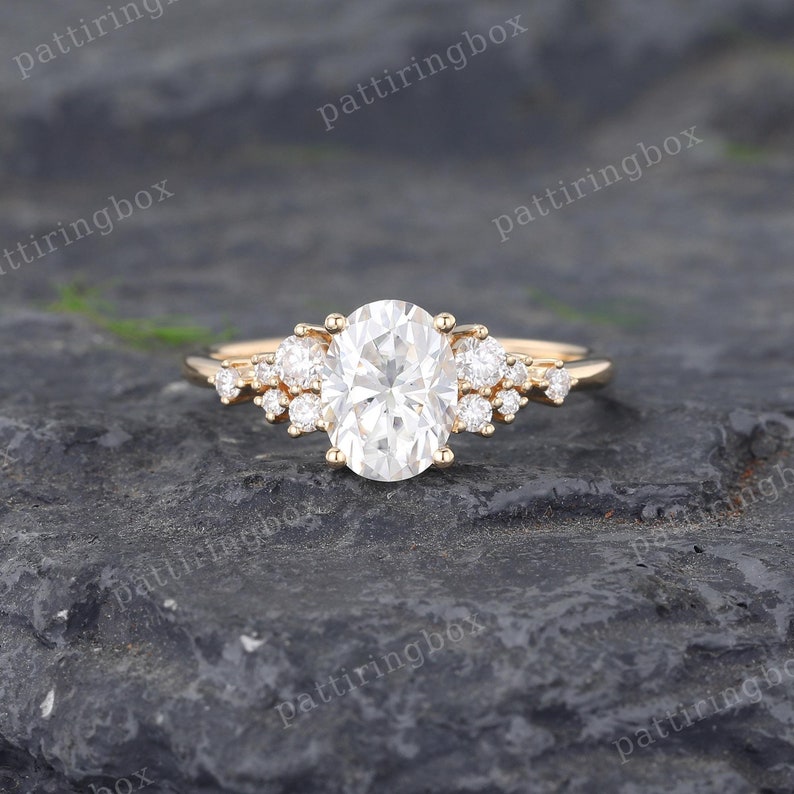 Oval Cut Moissanite Engagement Ring Yellow Gold Marriage Ring Cluster ...