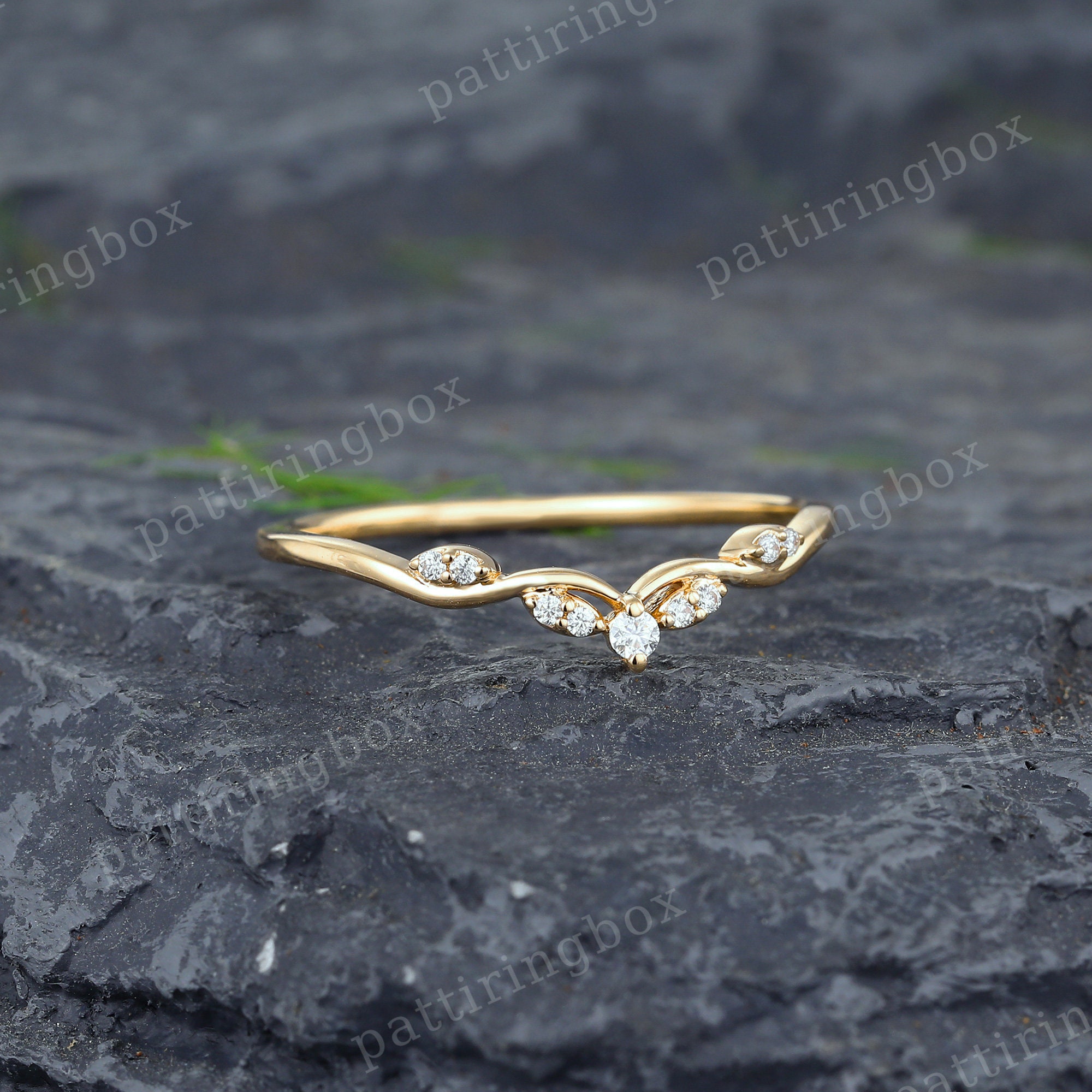 Yellow Gold Moissanite Wedding Band Unique Diamond Curved Wedding Band ...