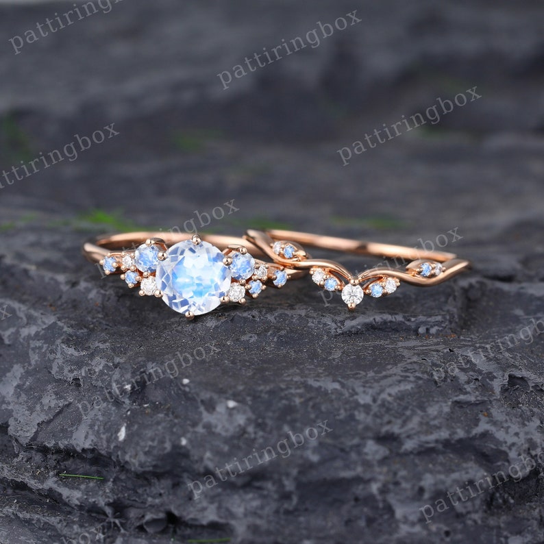 Vintage Moonstone engagement ring set rose gold engagement ring Unique Bridal set Diamond wedding Curved Anniversary Promise ring gift image 1