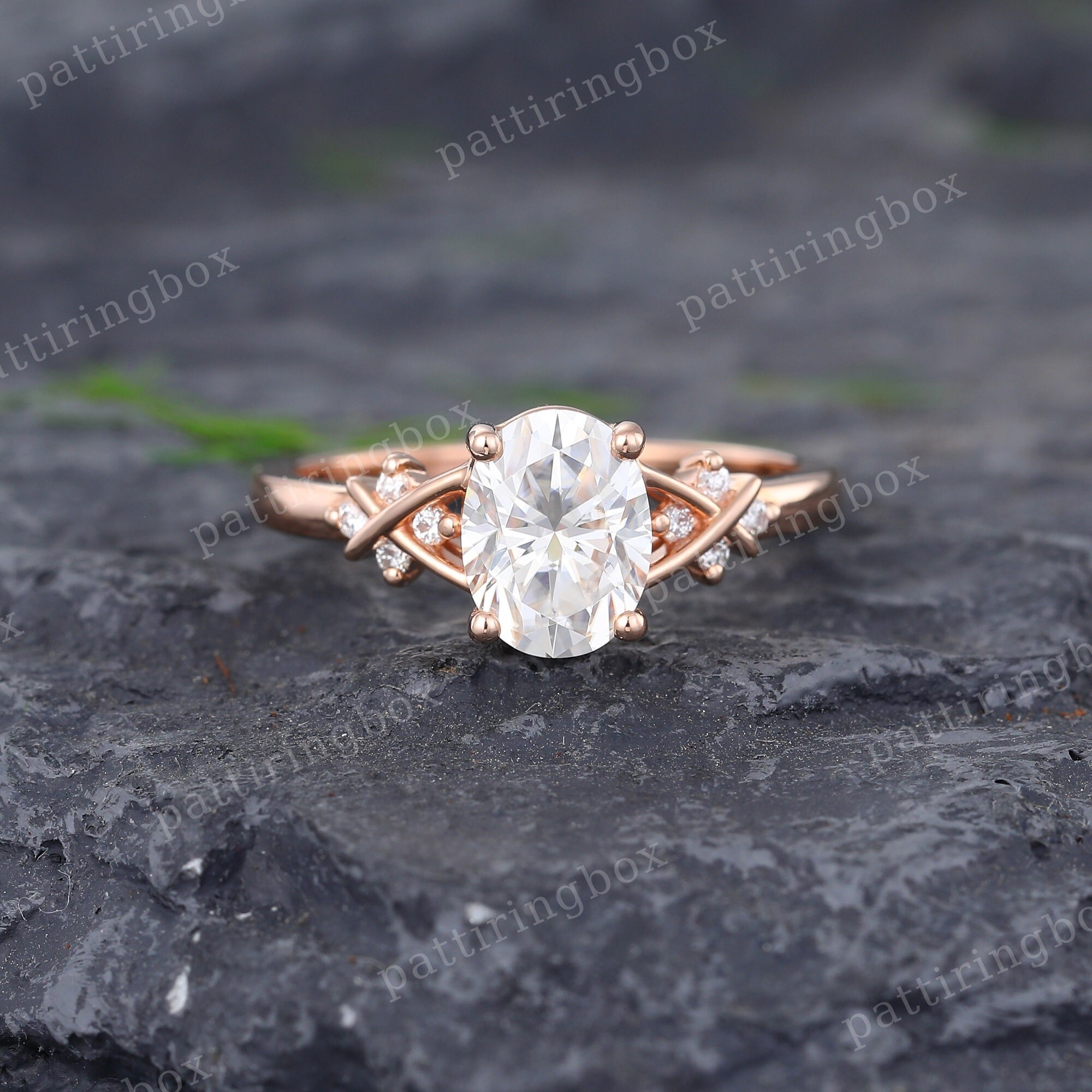 Vintage Moissanite engagement ring Oval cut Rose gold Moissanite ring Unique Round cut Diamond Cluster ring Bridal Wedding Promise ring