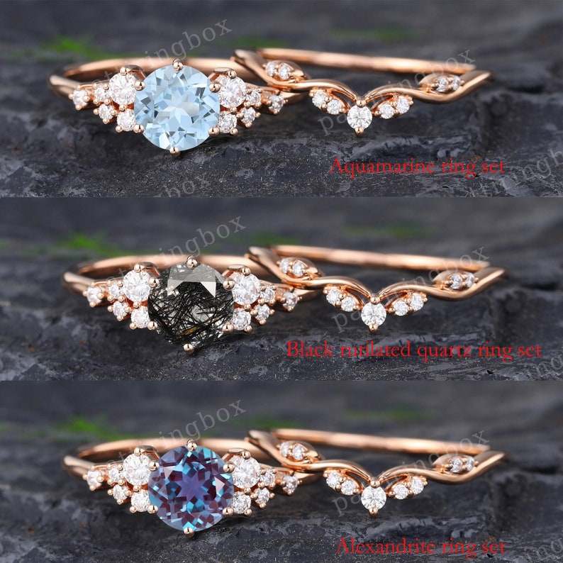 Moissanite engagement ring set rose gold engagement ring Vintage Unique Bridal set Diamond wedding Curved Anniversary Promise ring gift image 6