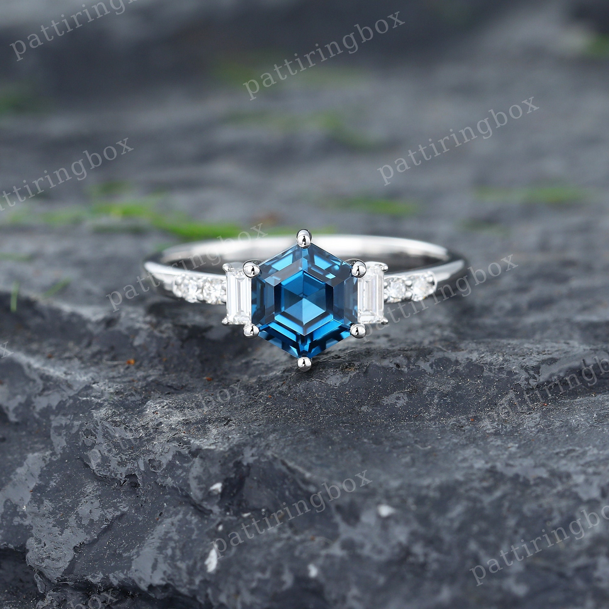 Unique Hexagon London Blue Topaz Engagement Ring Vintage