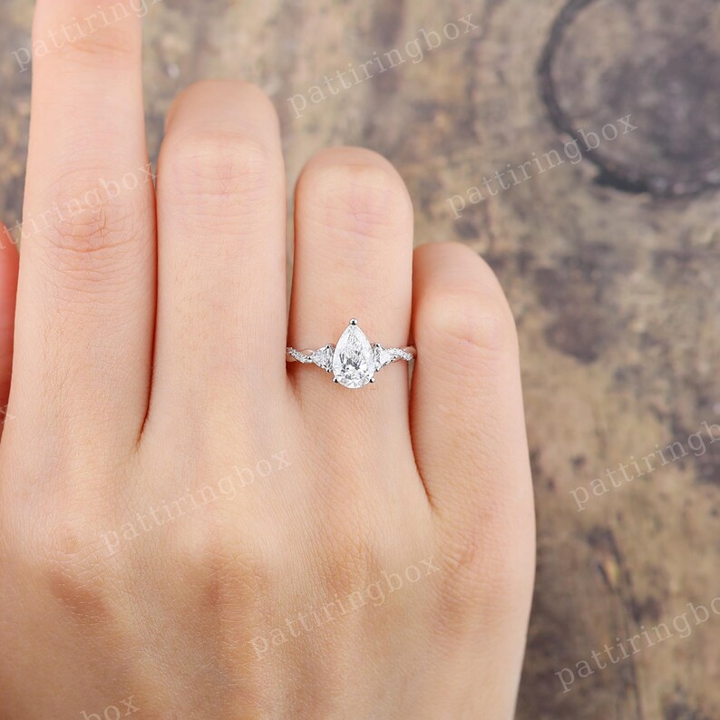 Pear Shaped Lab Diamond Engagement Ring Unique White Gold Trillion Cut ...
