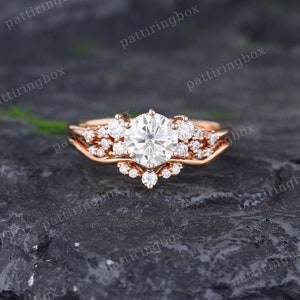 Moissanite engagement ring set rose gold engagement ring Vintage Unique Bridal set Diamond wedding Curved Anniversary Promise ring gift image 2