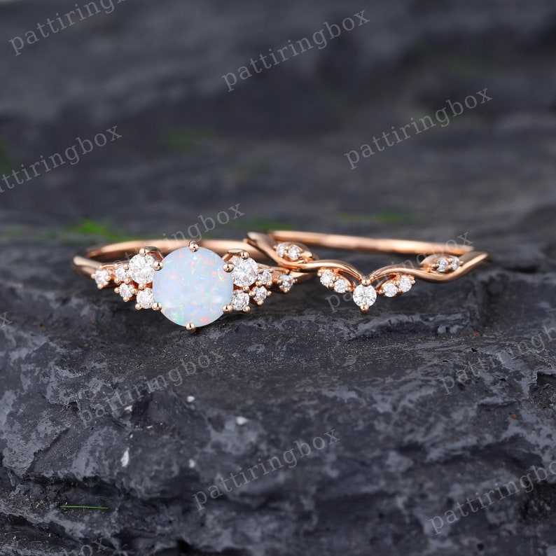 Moissanite engagement ring set rose gold engagement ring Vintage Unique Bridal set Diamond wedding Curved Anniversary Promise ring gift Opal