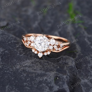 Moissanite engagement ring set rose gold engagement ring Vintage Unique Bridal set Diamond wedding Curved Anniversary Promise ring gift image 9