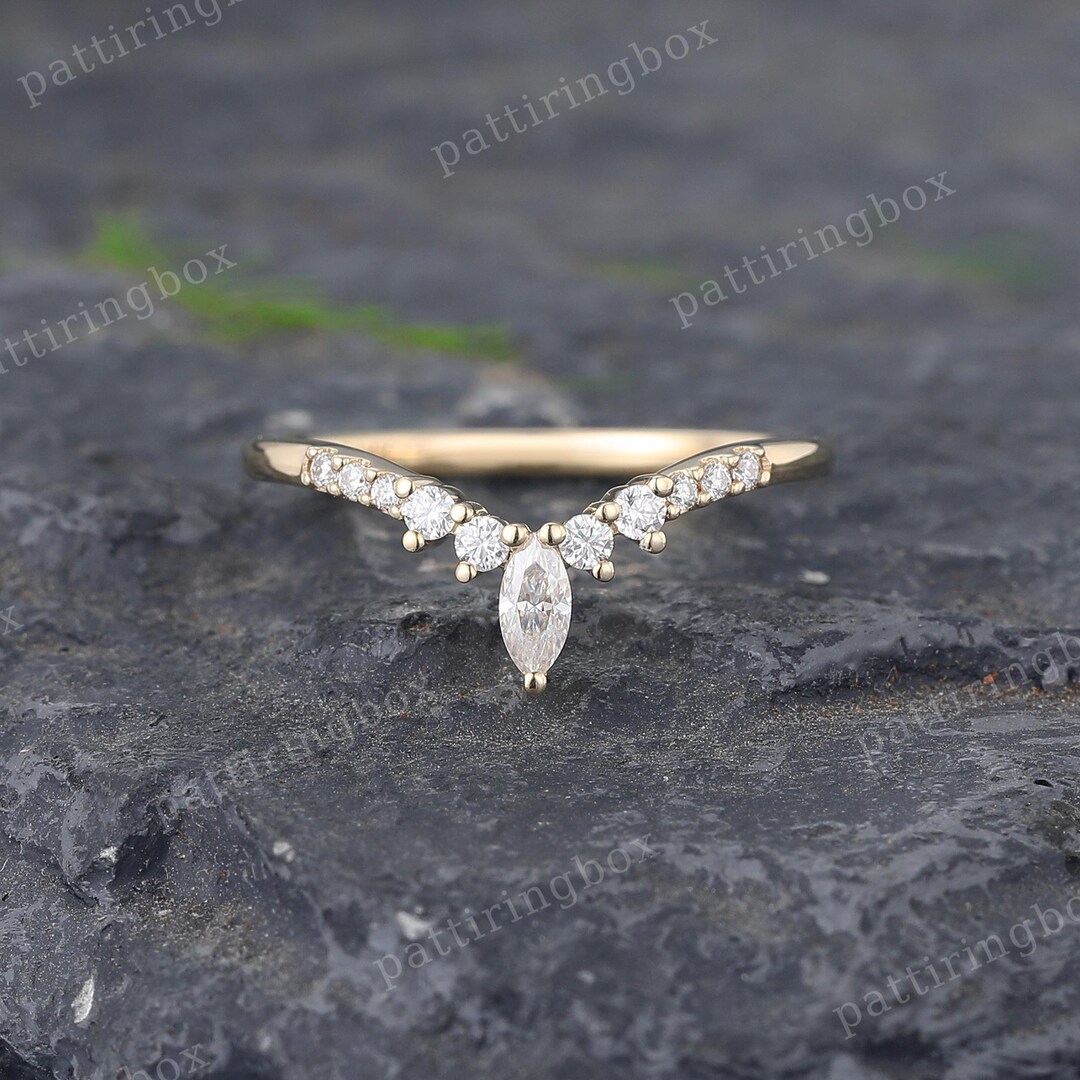 Marquise Cut Moissanite Curved Wedding Band Yellow Gold Diamond Curved ...
