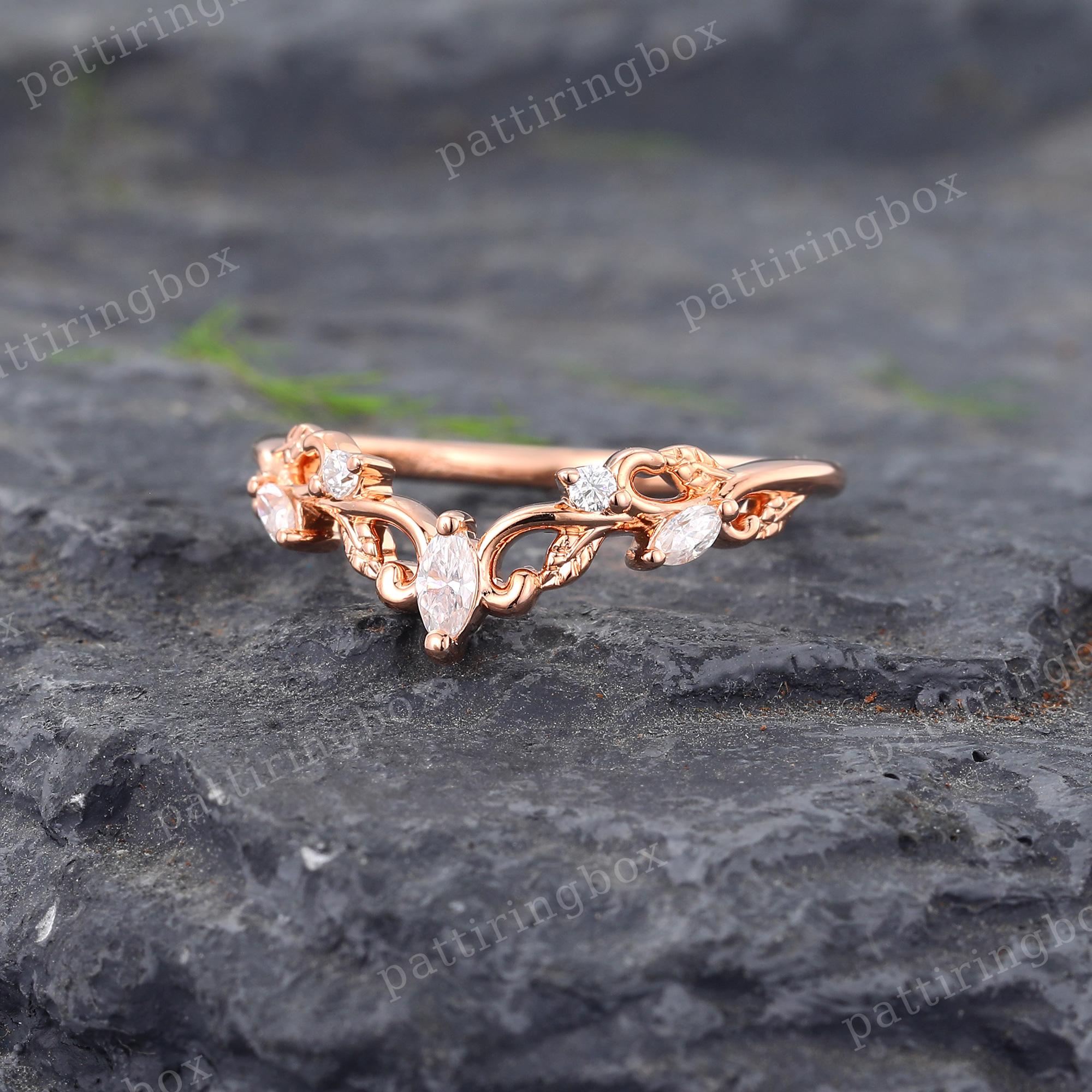 Marquise Cut Moissanite Wedding Band Unique 14k Rose Gold Curved ...