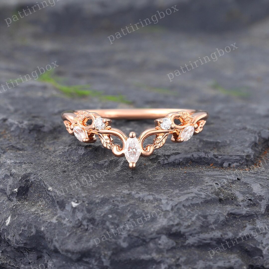 Marquise Cut Moissanite Wedding Band Unique 14k Rose Gold Curved ...