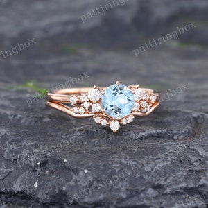 Aquamarine Engagement Ring Set Rose Gold Engagement Ring Vintage Unique ...