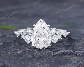 1.5CT Pear shaped Lab Grown Diamond engagement ring Dainty White gold IGI Certified Diamond Cluster ring Art deco Bridal Anniversary ring