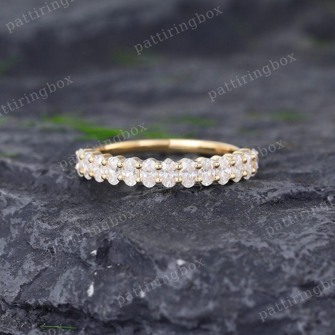 Half Eternity Moissanite Wedding Band Vintage Oval Cut Yellow Gold ...
