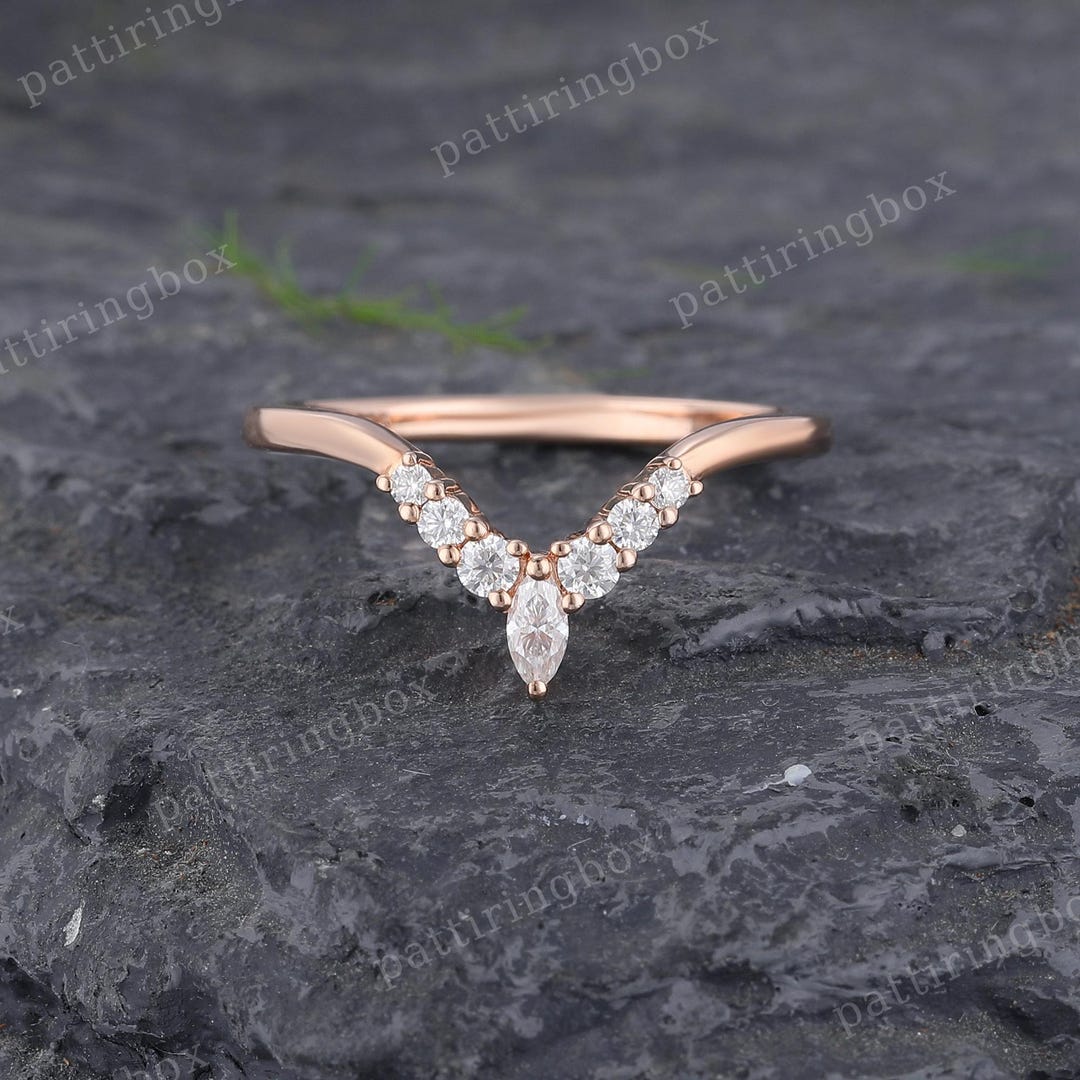 Marquise Cut Moissanite Curved Wedding Band Rose Gold Diamond Curved ...