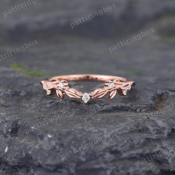 Moissanite Filigree Curved Wedding Band Rose Gold Diamond Curved