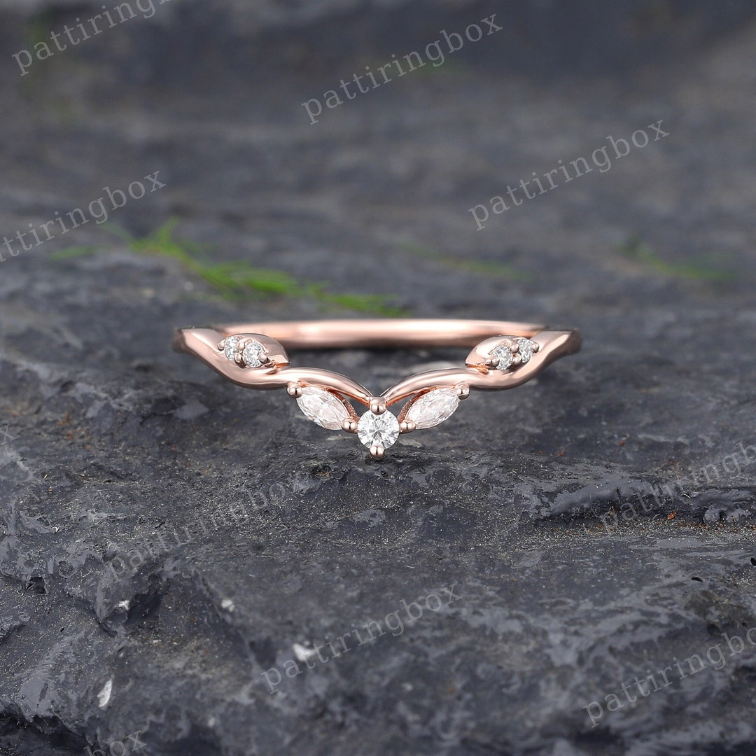 Marquise Cut Rose Gold Moissanite Wedding Band Unique Diamond Curved ...