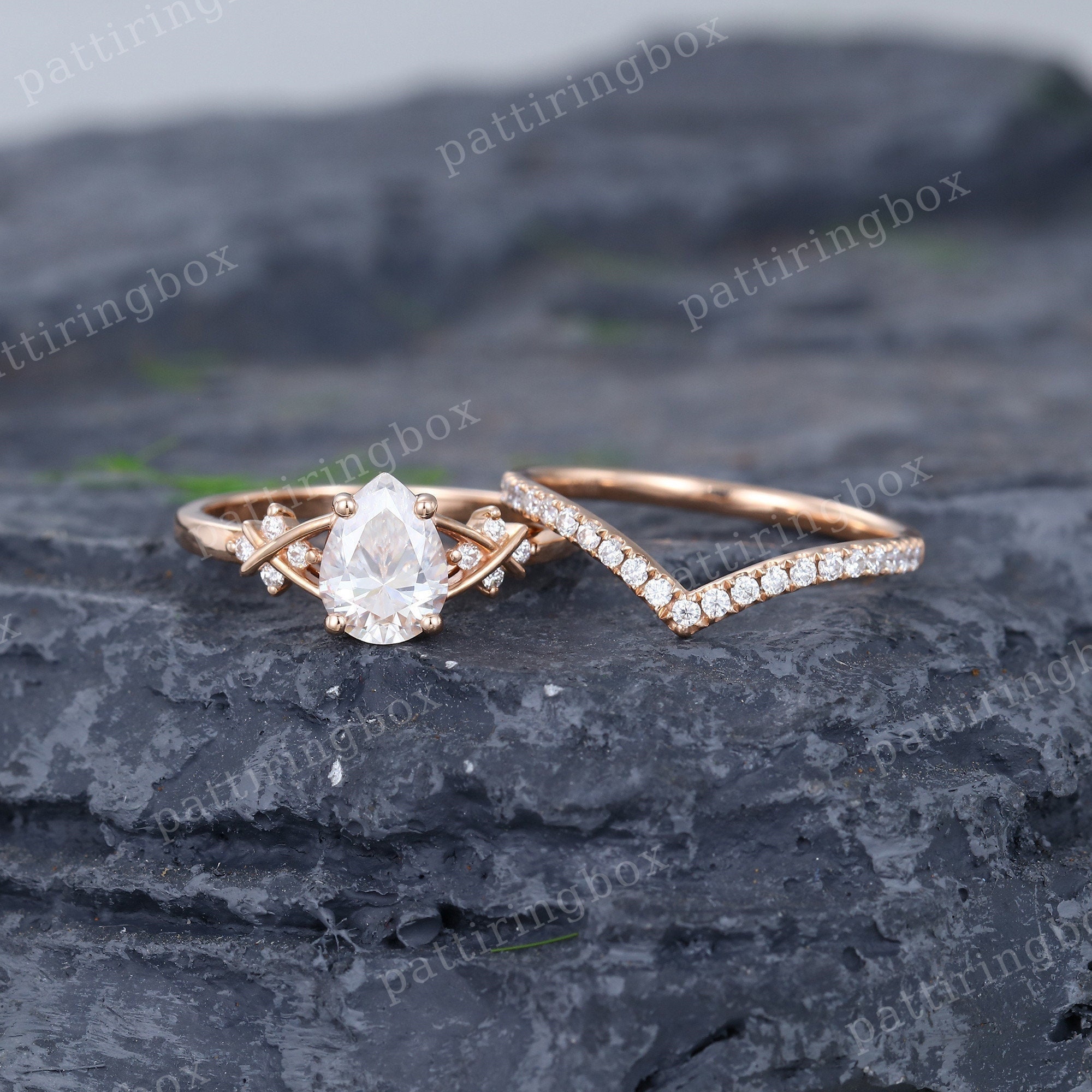 Pear shaped Moissanite engagement ring set rose gold engagement ring Vintage Bridal set Diamond wedding Curved ring Anniversary Promise ring