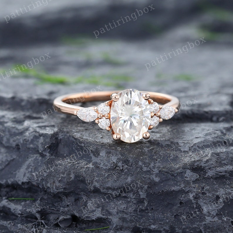 Oval Moissanite engagement ring Vintage Rose gold engagement ring Marquise Diamond Cluster Ring Unique wedding Anniversary Promise ring image 2