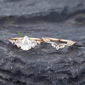Pear shaped Moissanite engagement ring set Rose gold engagement ring Vintage Bridal set Diamond wedding Curved Anniversary Promise ring gift