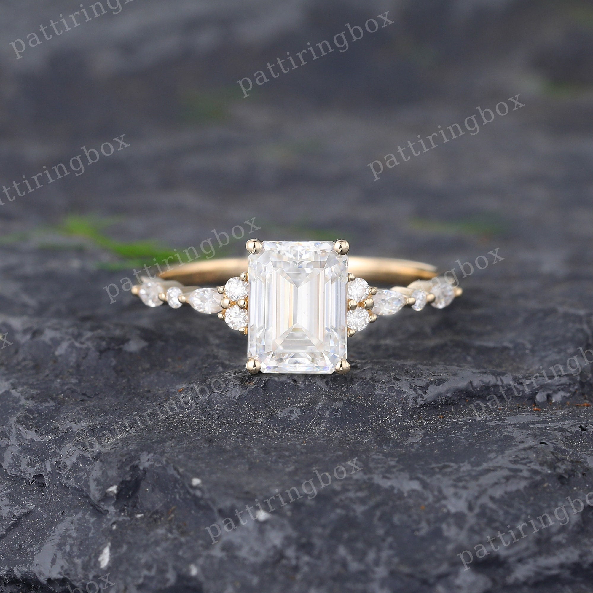 Emerald cut Moissanite engagement ring Vintage Yellow gold engagement ring Marquise cut Diamond Ring Unique wedding Anniversary Promise gift