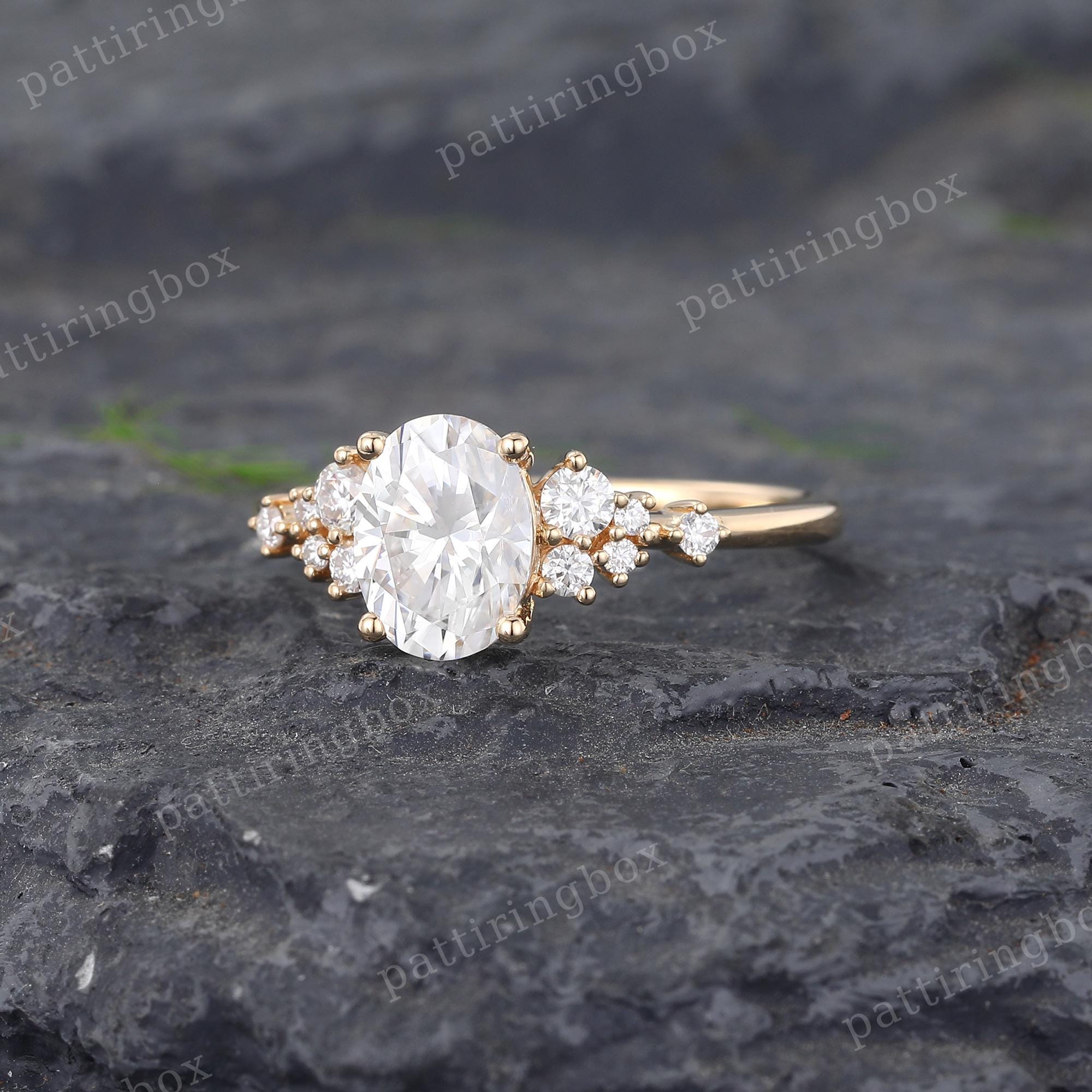 Oval Cut Moissanite Engagement Ring Yellow Gold Marriage Ring Cluster ...
