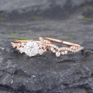 Moissanite engagement ring set rose gold engagement ring Vintage Unique Bridal set pave Diamond Curved wedding ring Anniversary Promise ring