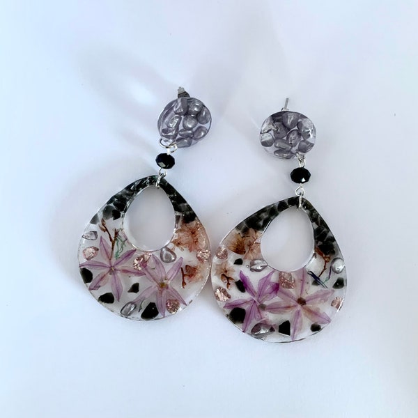 Boucles d’oreilles fleurs séchées naturelles et argent, pendants d'oreilles mauve rose, Suspentes oreilles obsidienne.